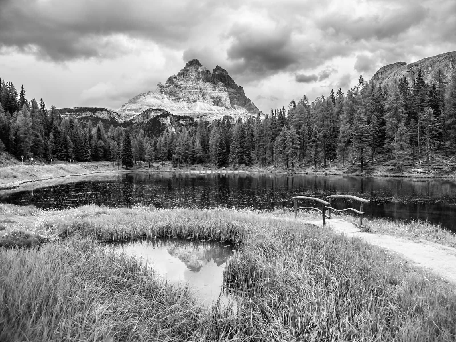 Tre Cime di Lavaredo Mountain reflected in water od Antorno Lake, Dolomites, Italy. Black and white image.