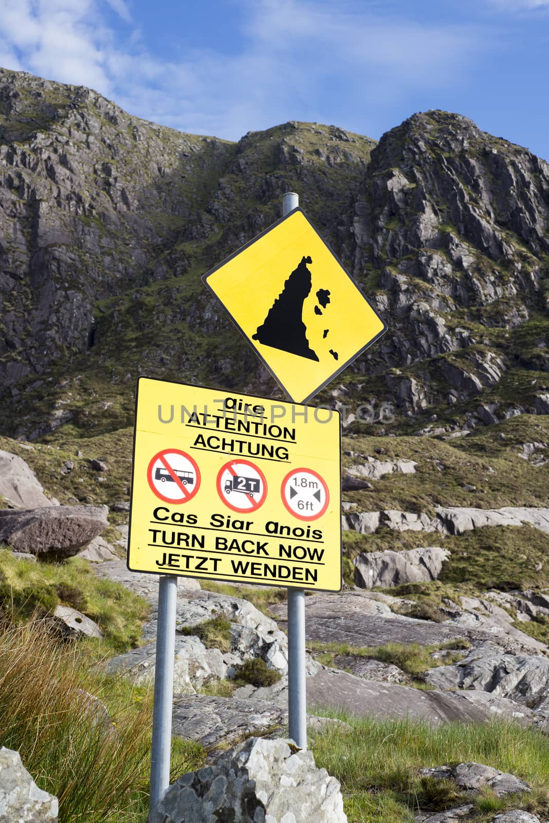 warning sign at the conor pass on the ring of kerry's wild atlantic way
