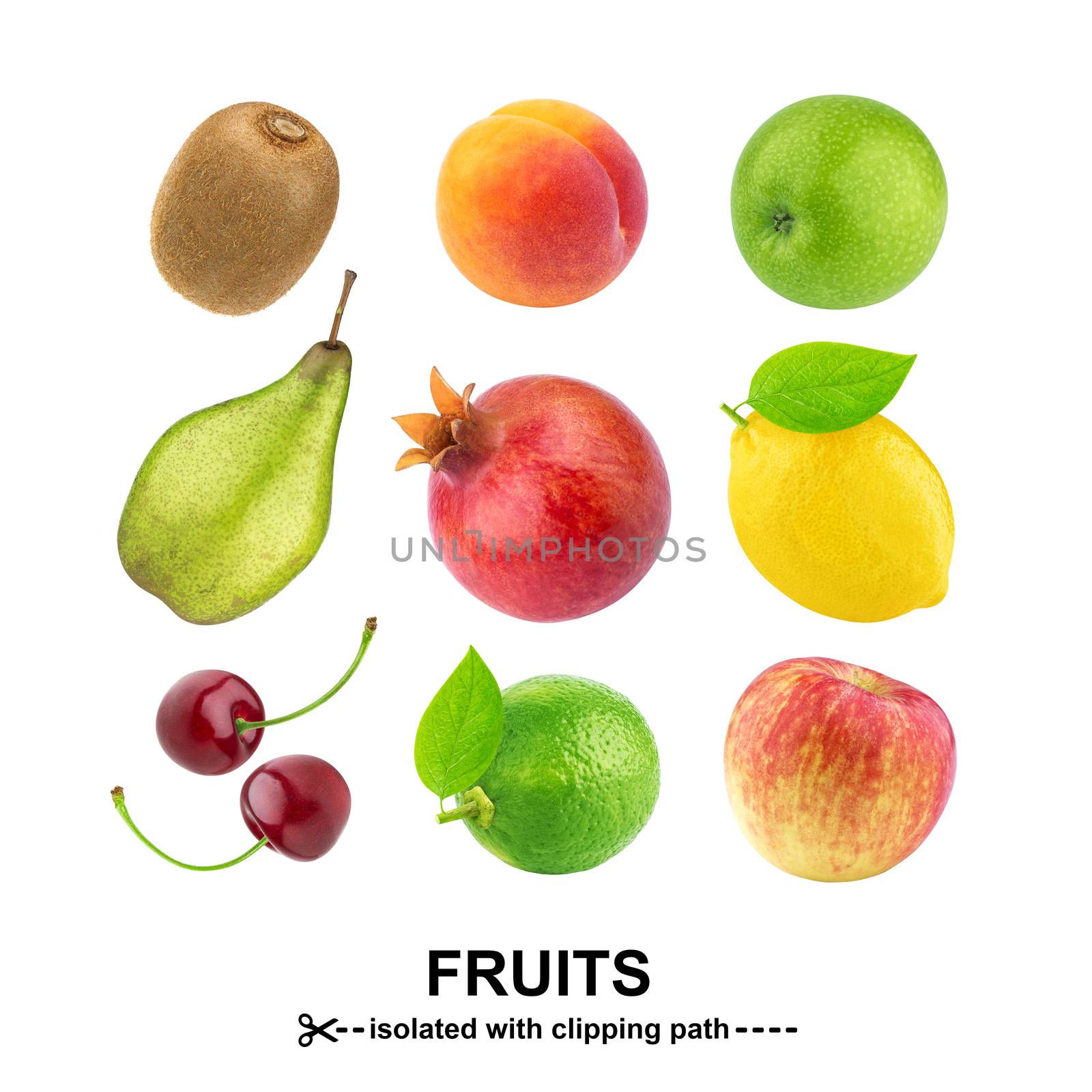 Fruits collection. Different fruit isolated on white background with clipping path.