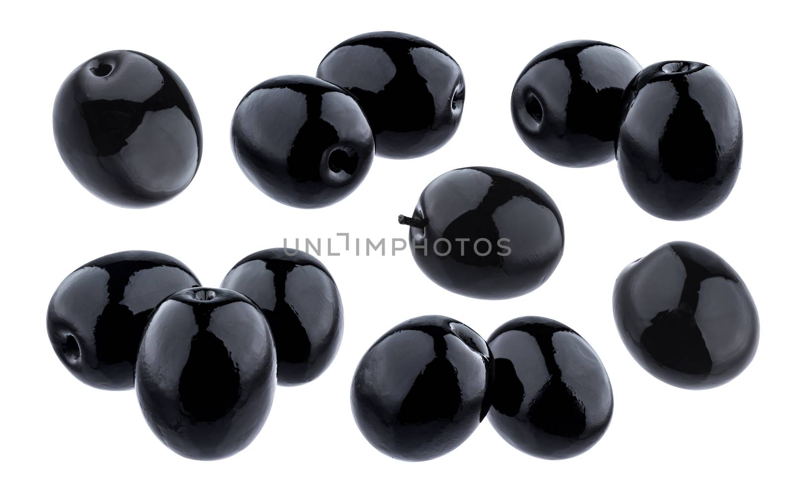 Olives collection. Black olive isolated on white background with clipping path, close up