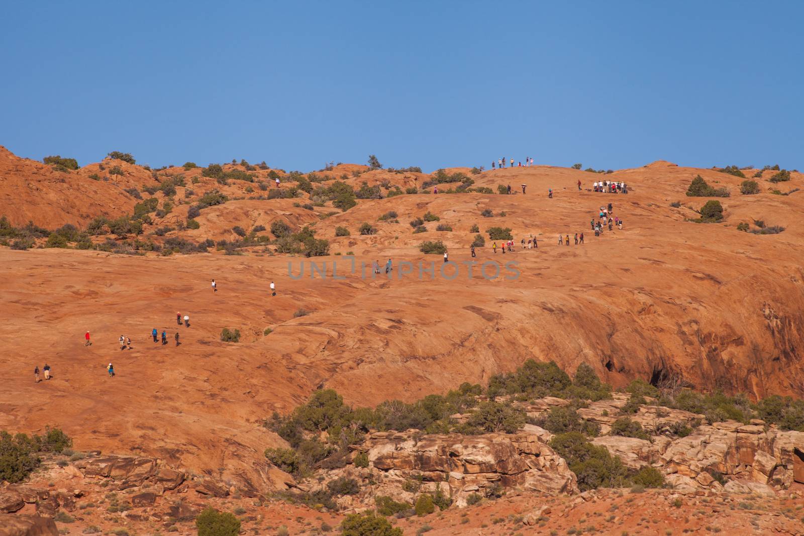 Crowds of tourists following the trail to the Delicate Arch for the sunset spectacle. Arches National Park, Utah. USA