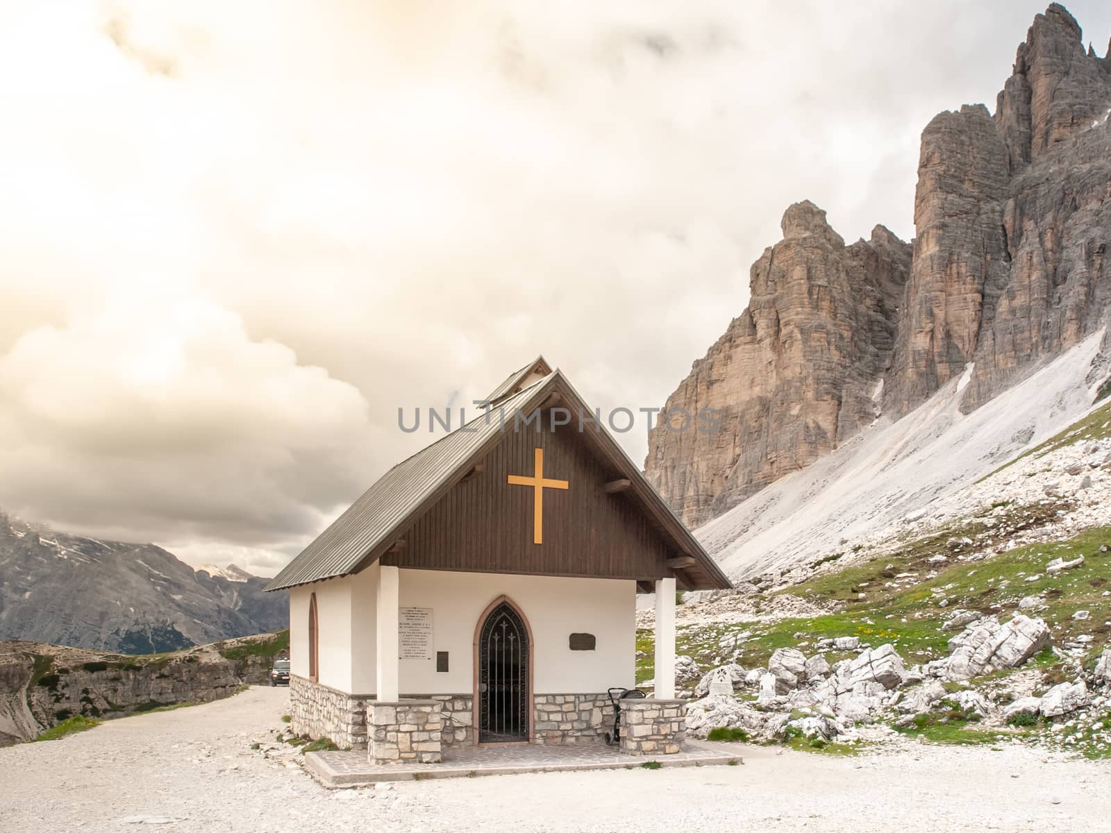 Small mountain chapel, Cappella degli Alpini, at Tre Cime di Lavaredo, Dolomites, Italy by pyty
