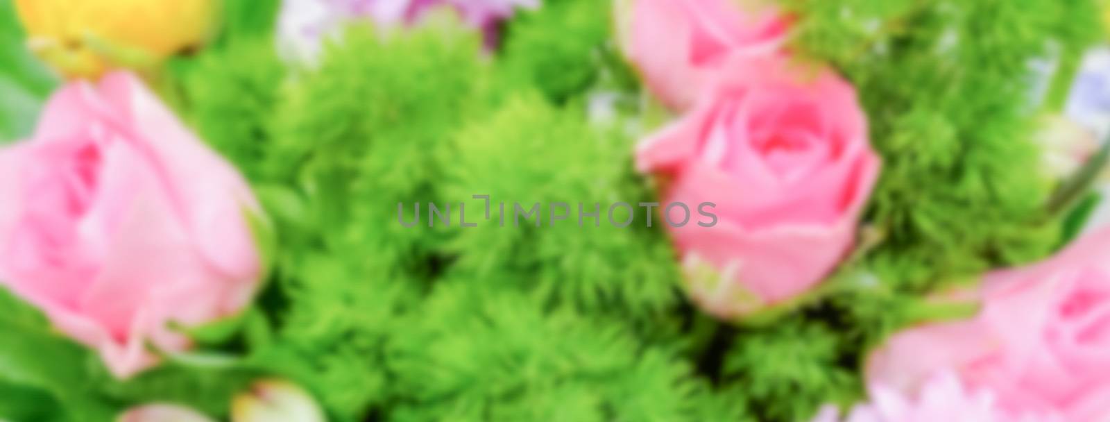 Defocused background of a colorful mix of flowers. Intentionally blurred post production for bokeh effect
