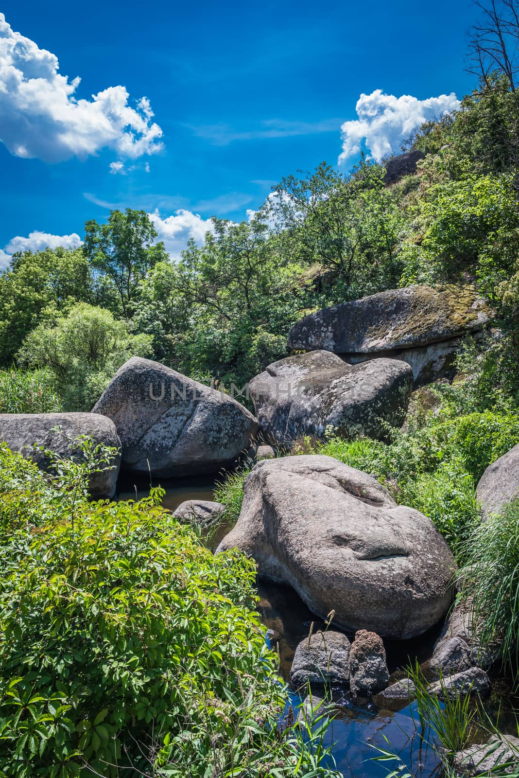 Granite Arbuzinka Rocks in the canyon near the Aktovo village, on the Mertvovod river in Ukraine. One of natural wonders of Europe.