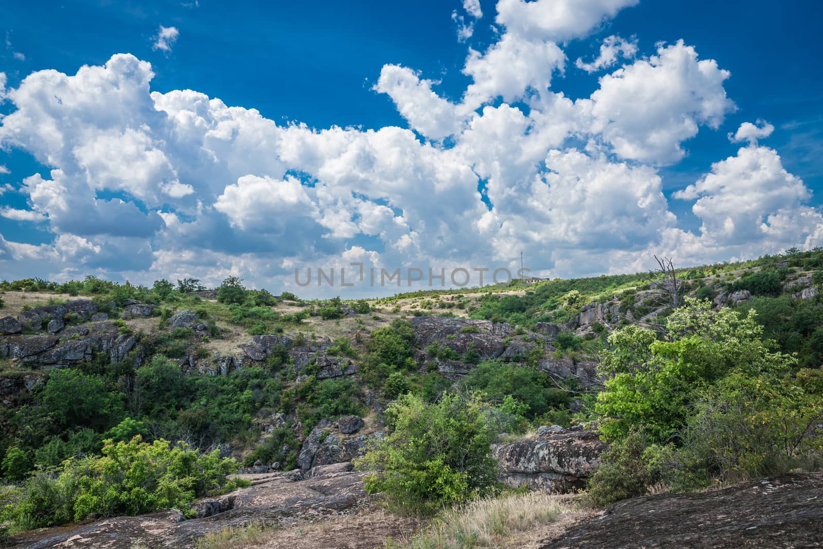 Granite Arbuzinka Rocks in the canyon near the Aktovo village, on the Mertvovod river in Ukraine. One of natural wonders of Europe.