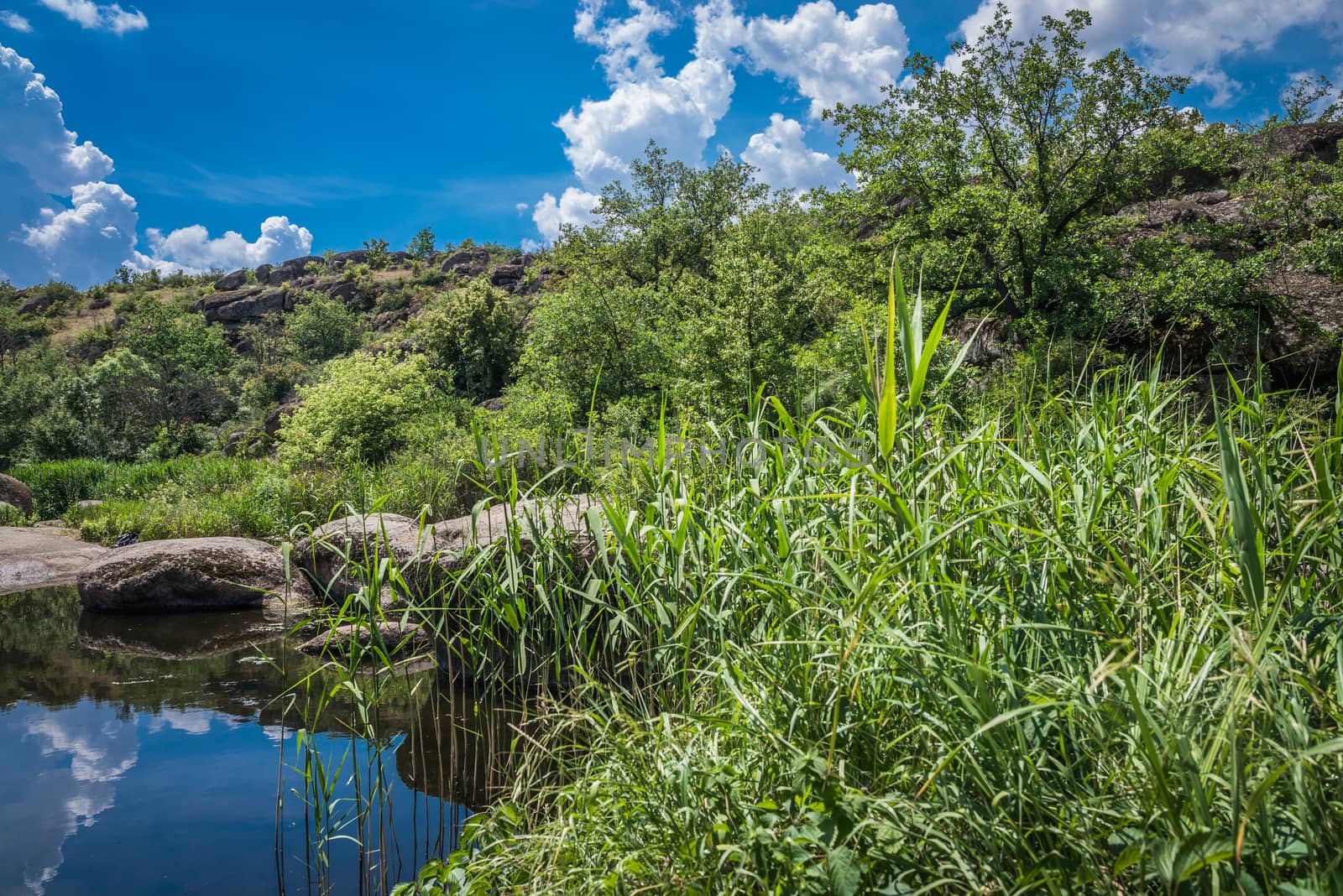 Granite Arbuzinka Rocks in the canyon near the Aktovo village, on the Mertvovod river in Ukraine. One of natural wonders of Europe.