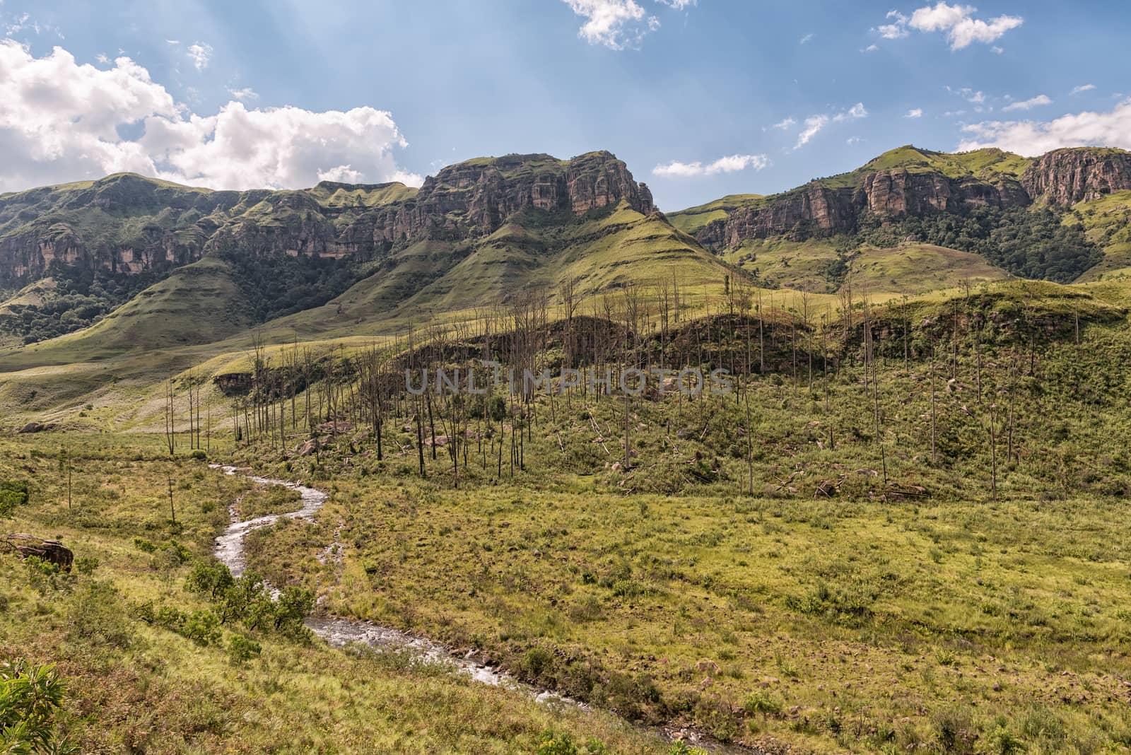 The view from the camp site at Injisuthi in the Kwazulu-Natal Drakensberg. Van Heiningen Pass is in the break in the mountain