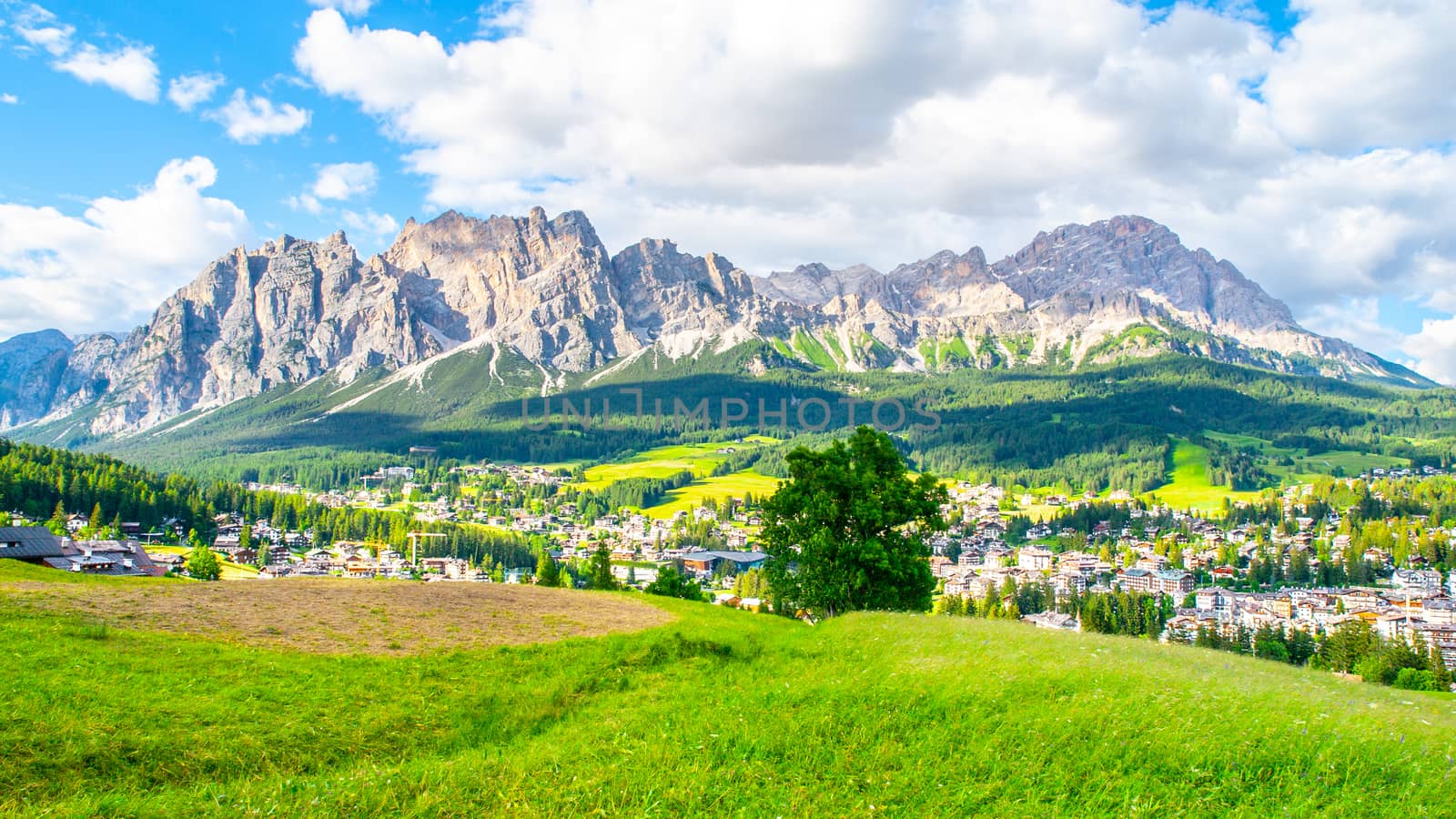 Panorama of Cortina d'Ampezzo with green meadows and alpine peaks on the background. Dolomites, Italy. by pyty