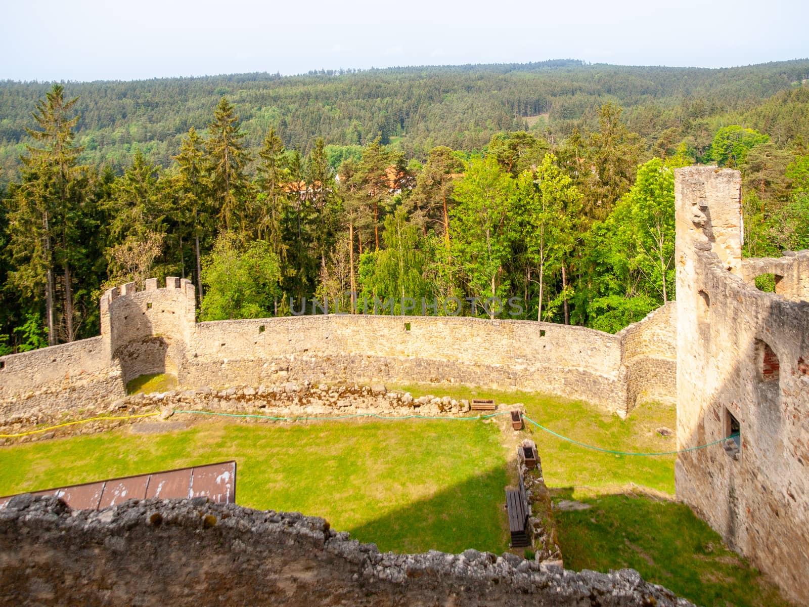 Landstejn Castle Ruins. View of ruined walls from castle tower by pyty