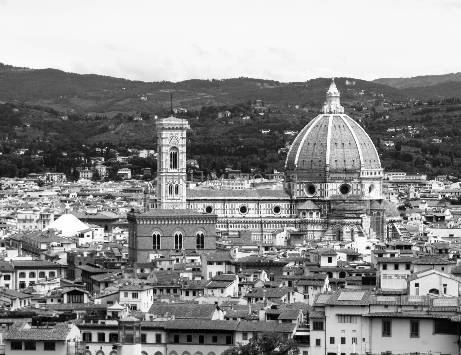 Duomo Santa Maria del Fiore and Bargello in Florence, aka Firenze, Tuscany, Italy. Aerial view of cathedral. Black and white image.