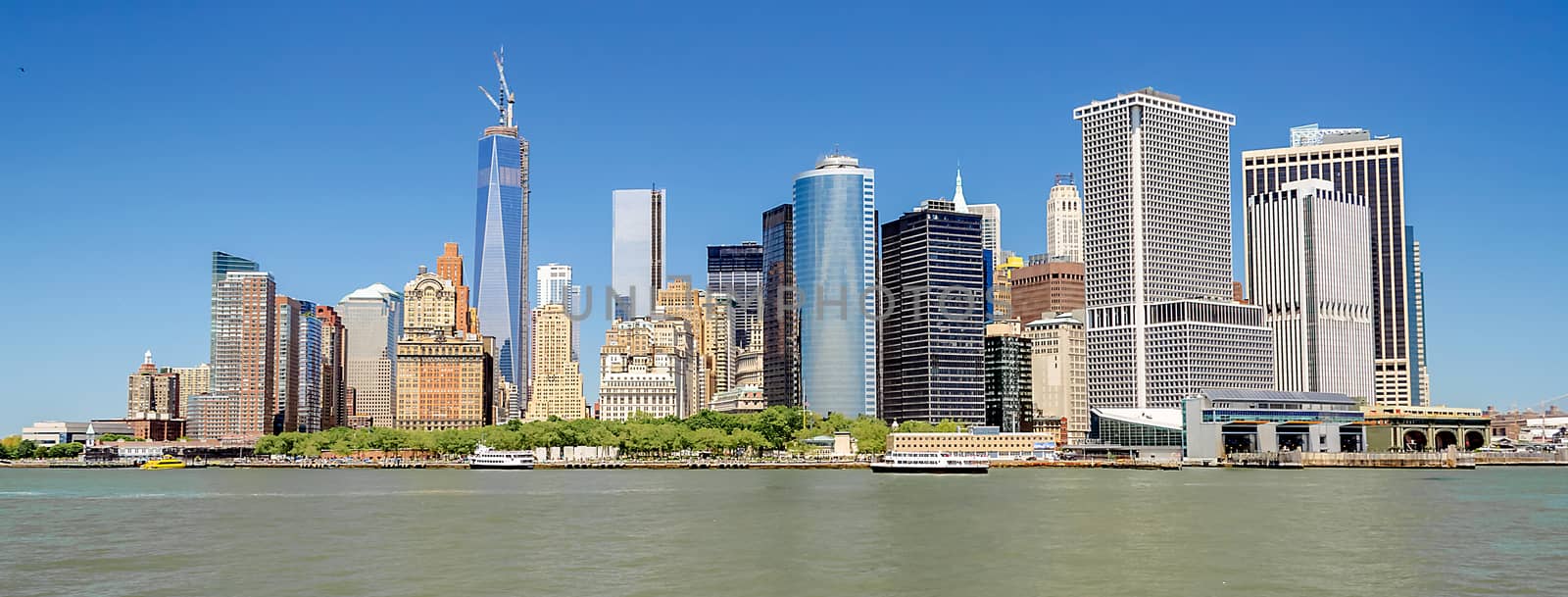 View of modern skyscrapers in lower Manhattan, New York City, USA. Concept for business, finance, real estate