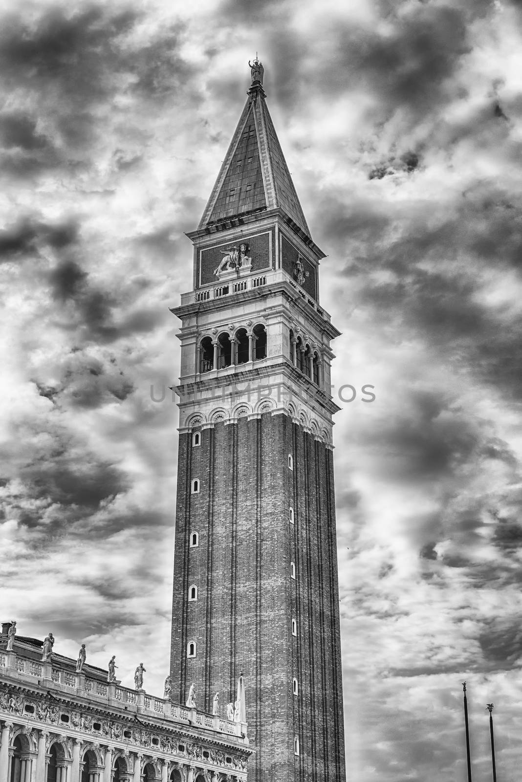 St Mark's Campanile, bell tower of St Mark's Basilica in Venice, Italy. Located in the Piazza San Marco, it is one of the most recognizable symbols of the city
