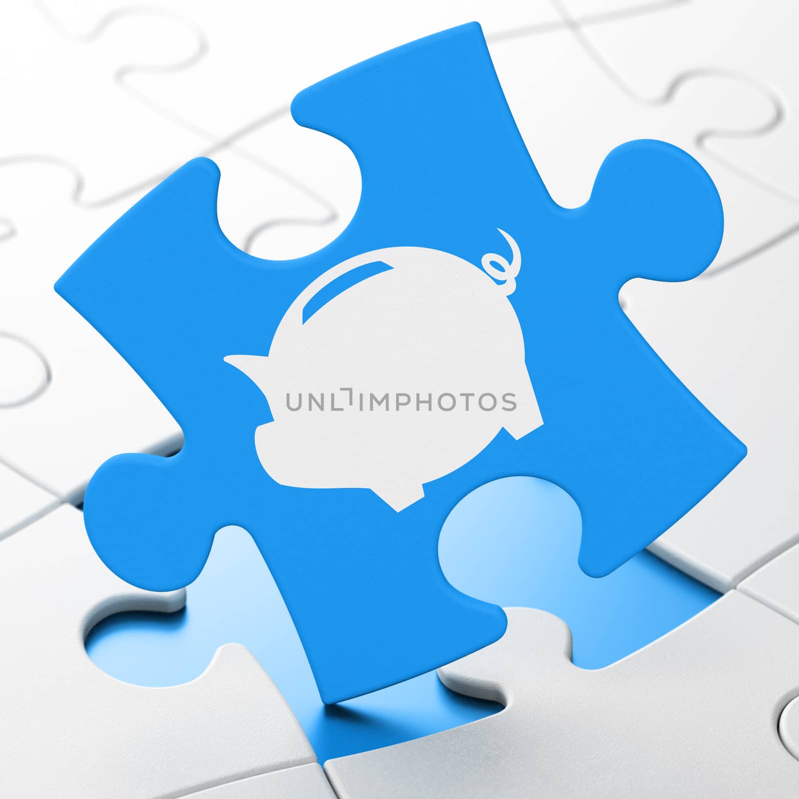 Banking concept: Money Box on Blue puzzle pieces background, 3D rendering