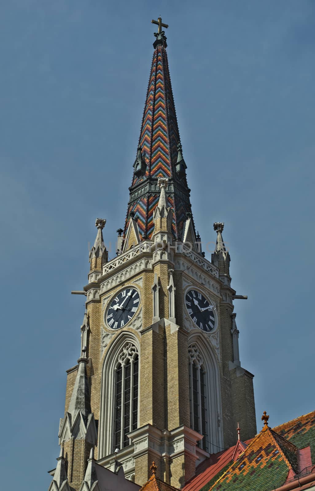 Tower on catholic cathedral in centre of Novi Sad, Serbia