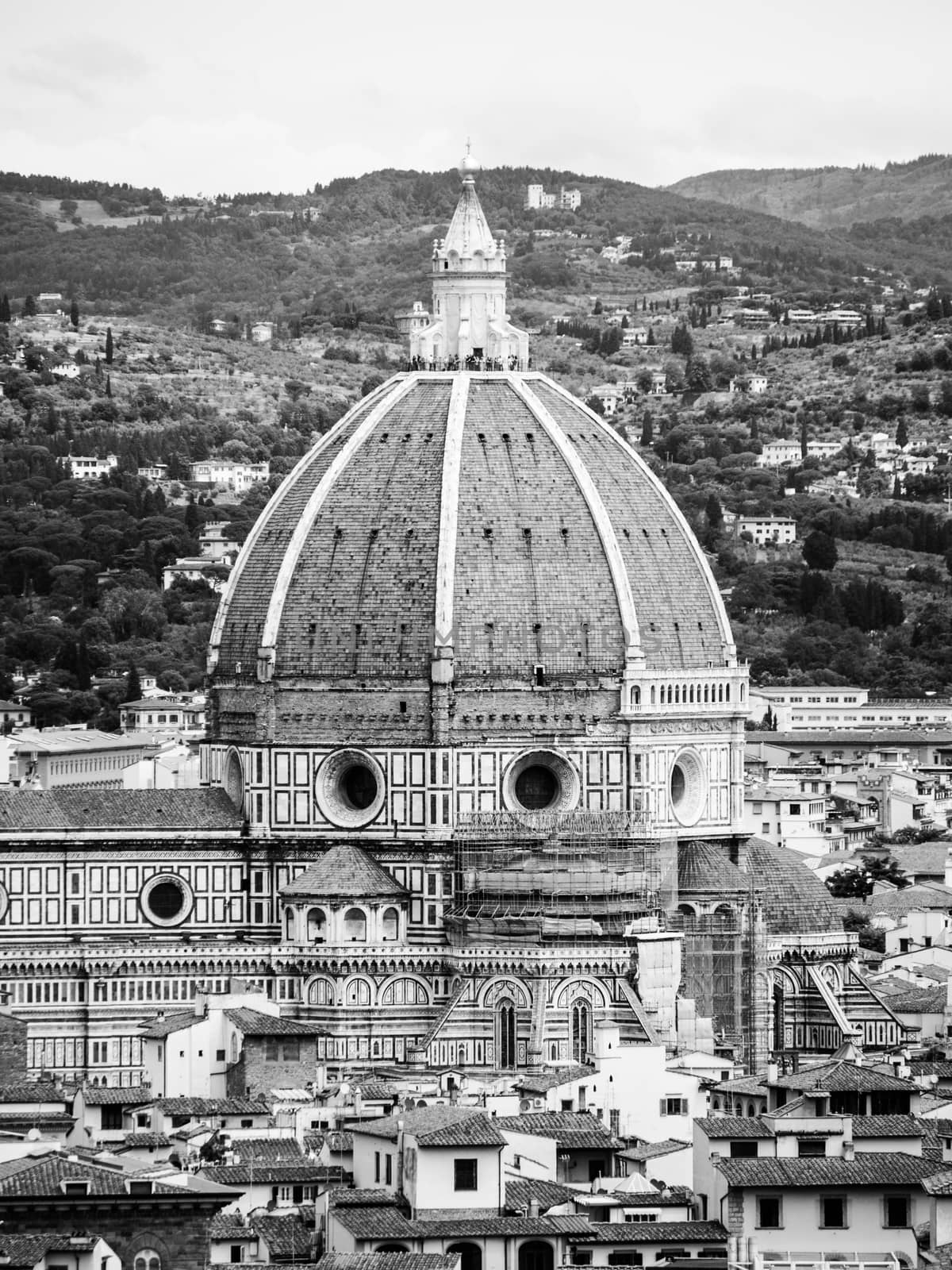Cupola del Brunelleschi of Florence Cathedral, formally the Cattedrale di Santa Maria del Fiore. Florence, Italy. Black and white image.