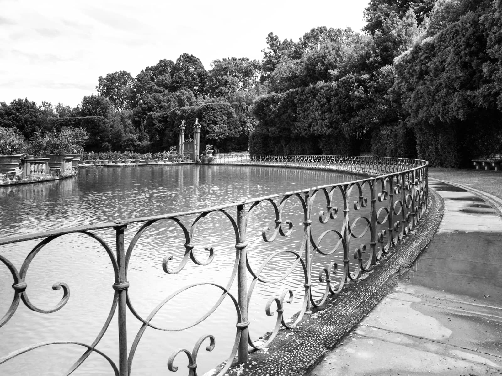 Park lake in Boboli Gardens, Florence, Italy. Black and white image.