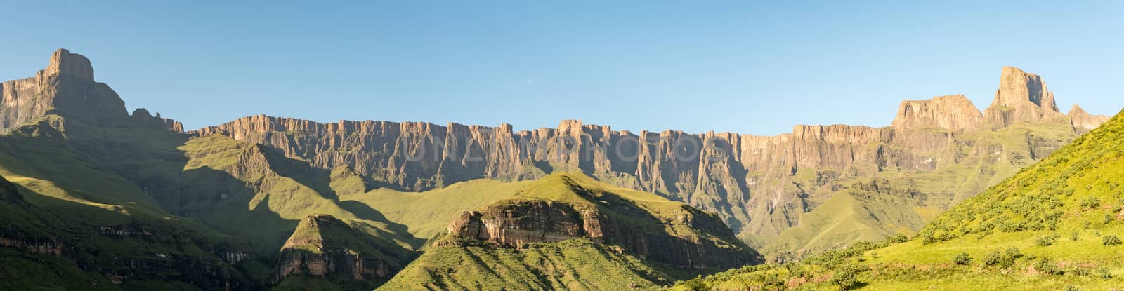 A view of the Amphitheatre in the Kwazulu-Natal Drakensberg. The Sentinel is on the far right. The Tugela Falls are visible