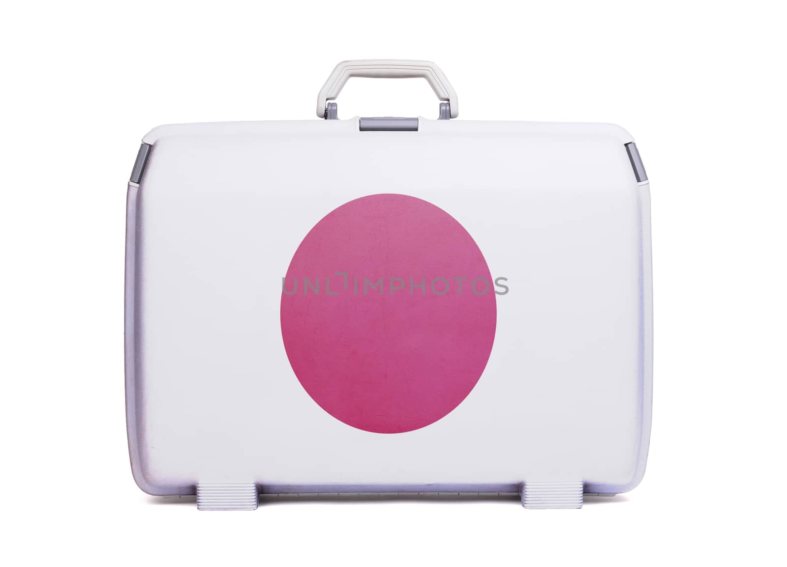 Used plastic suitcase with stains and scratches, printed with flag - Japan