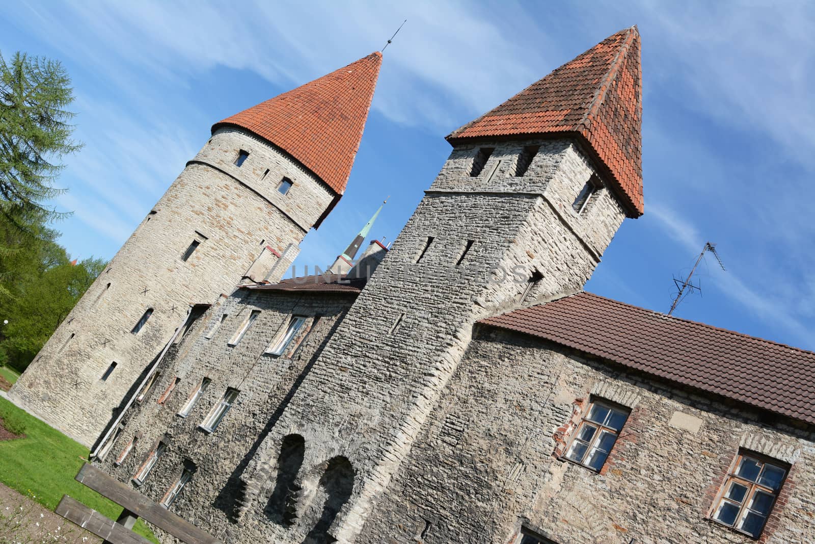 Medieval city fortifications around the Old Town in Tallinn, Estonia seen from Tower's Square