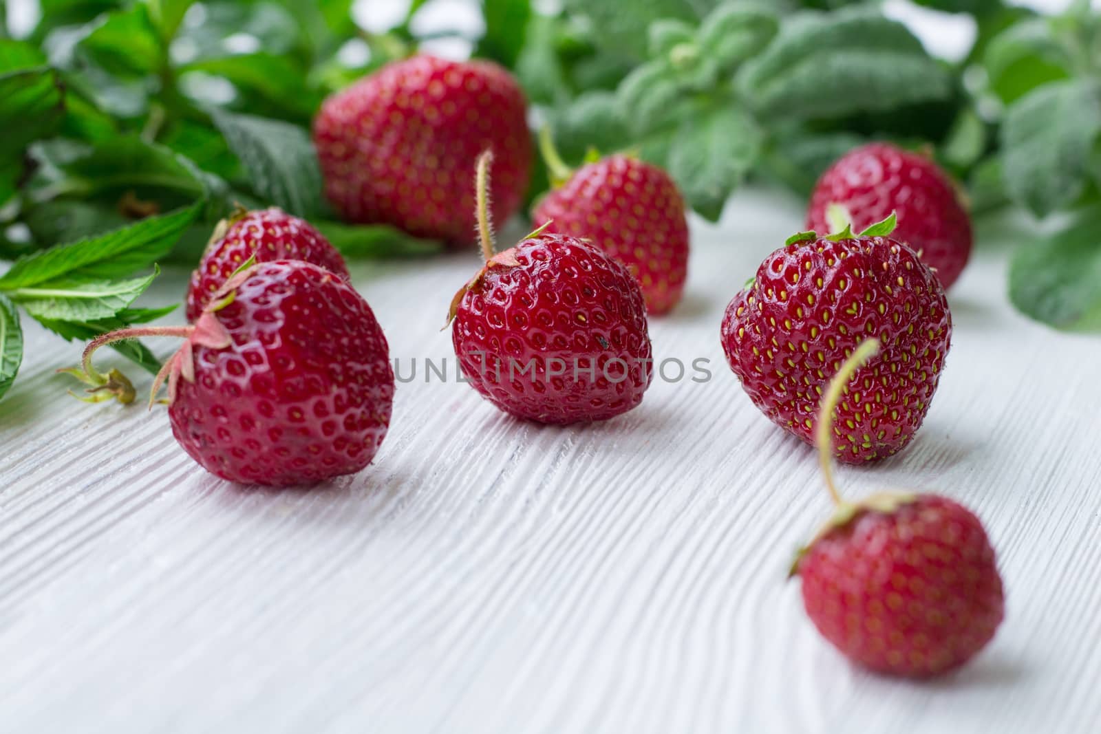 Close-up of red strawberries with green herbal mix of fresh mint and melissa herbs on white wooden background