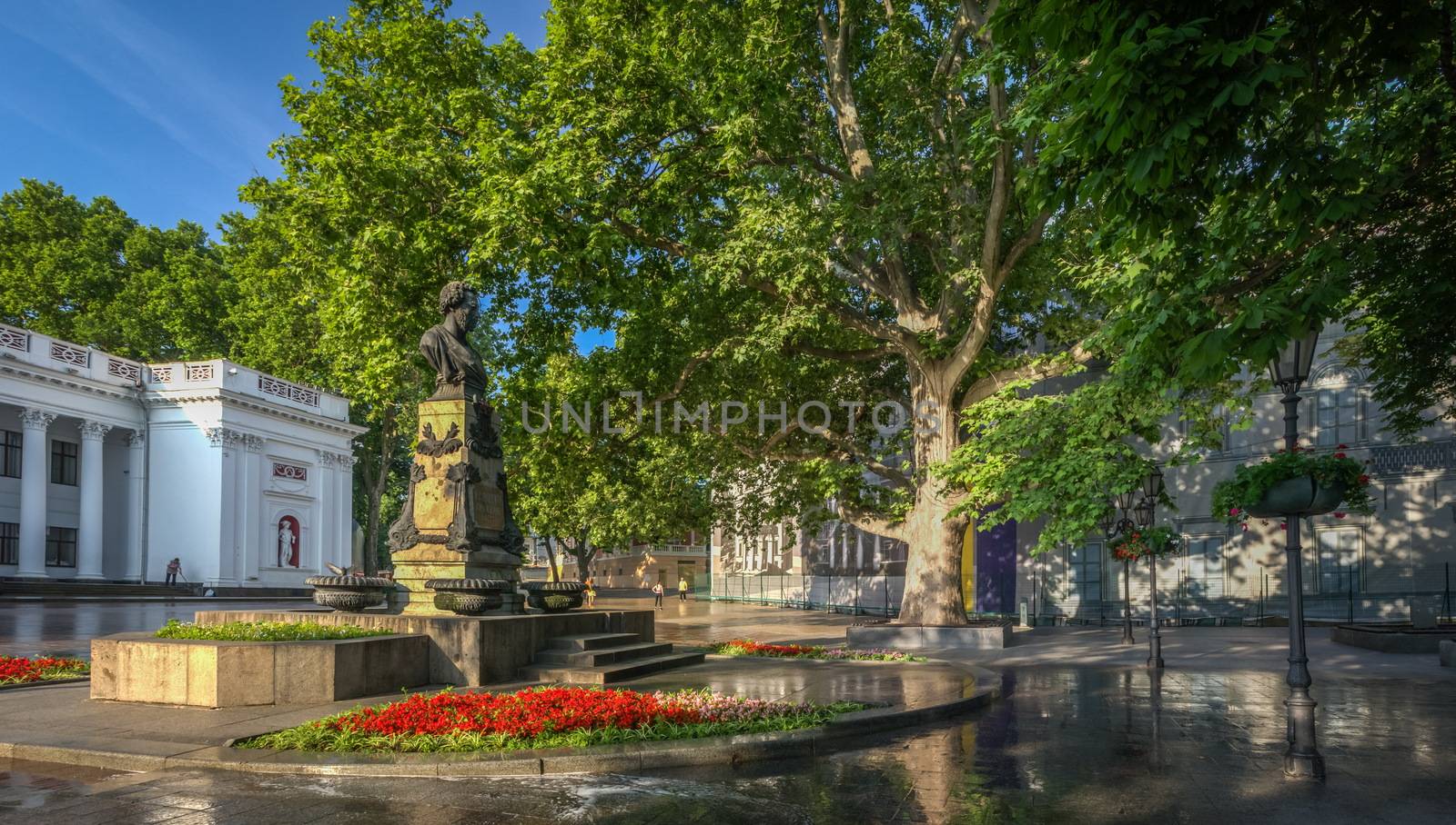 ODESSA, UKRAINE - 06.06.2018. Square near the city hall of Odessa and the monument to Pushkin. Primorsky Boulevard in a summer morning. Panorama view.