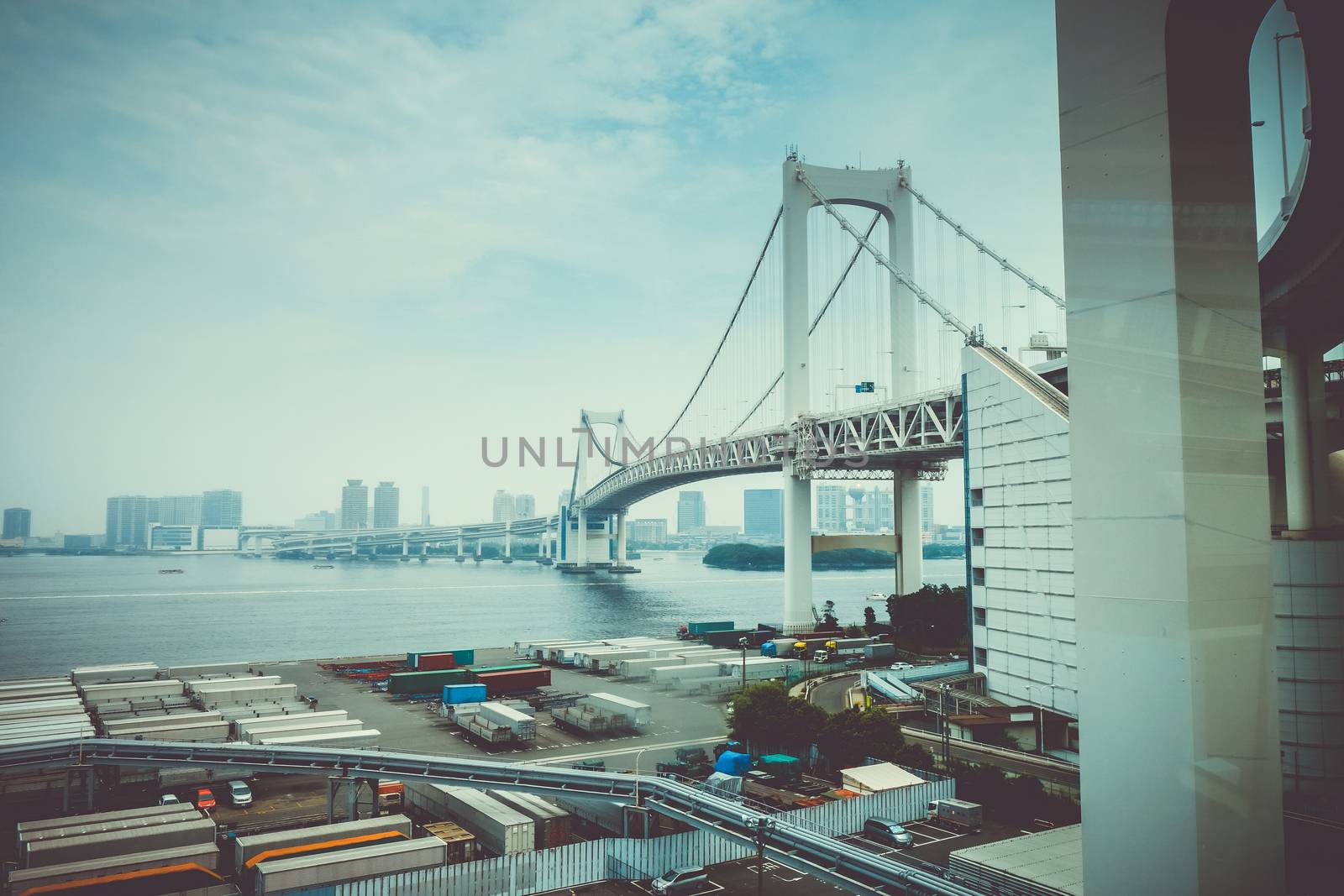 Rainbow bridge and cityscape in Tokyo, Japan