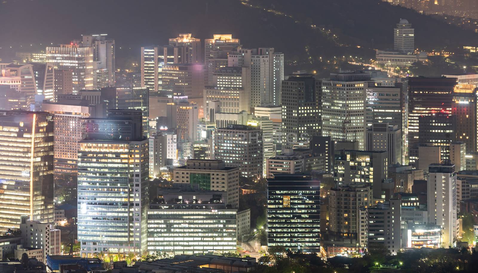 Aerial Sunset and Night view of Seoul Downtown cityscape with Seoul Tower in South Korea