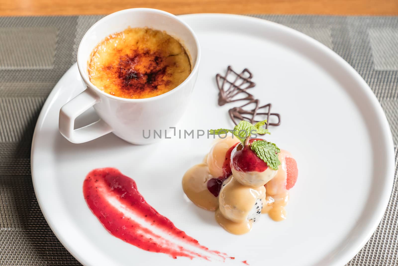 Creme Brulee with fresh fruit and chocolate