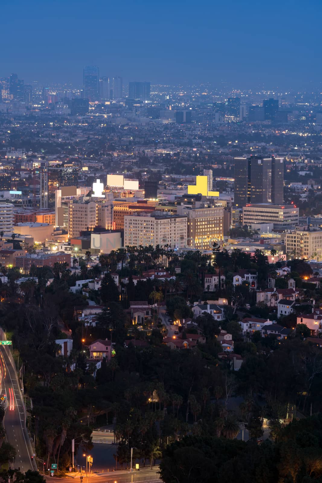 Aerial Los Angeles Cityscape Sunset, LA California, USA