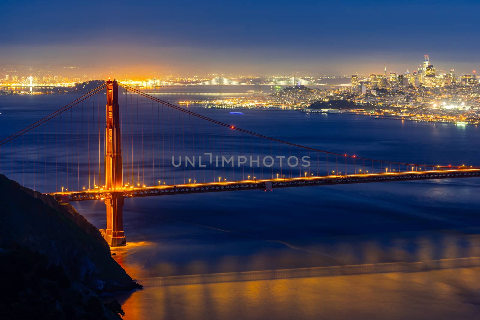 Golden Gate bridge in San Francisco California USA West Coast of Pacific Ocean Sunset Twilight