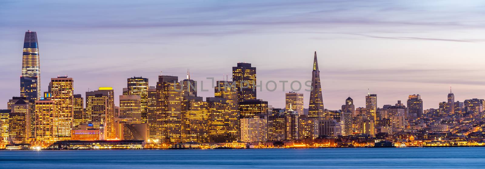 San Francisco downtown skyline at dusk from Treasure Island, California, sunset, USA. Panorama