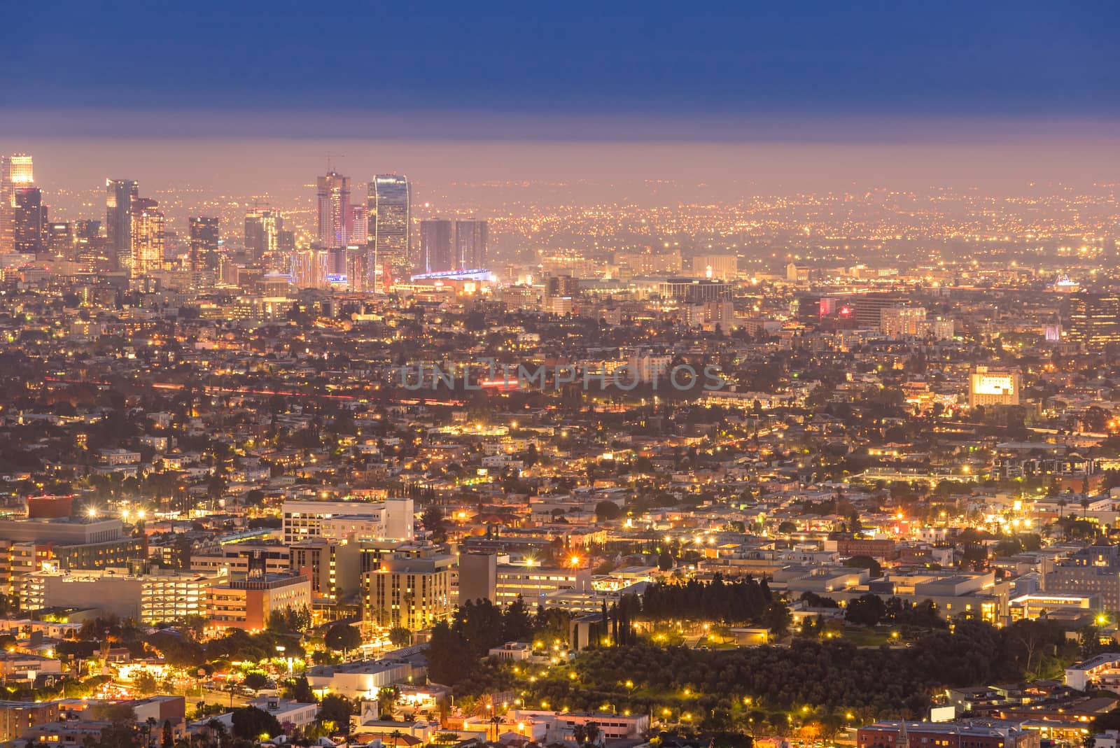 Los Angeles Downtown sunset aerial view, California, USA