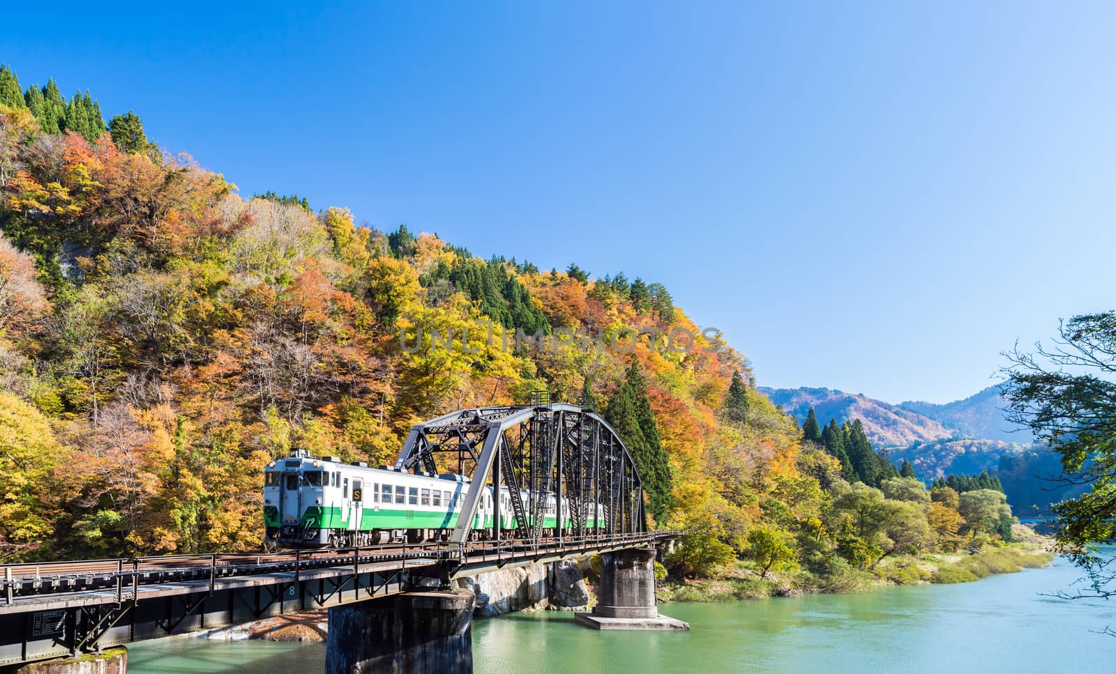 Autumn fall foliage Fukushima Tadami Black Bridge View Point in Fukushima Japan