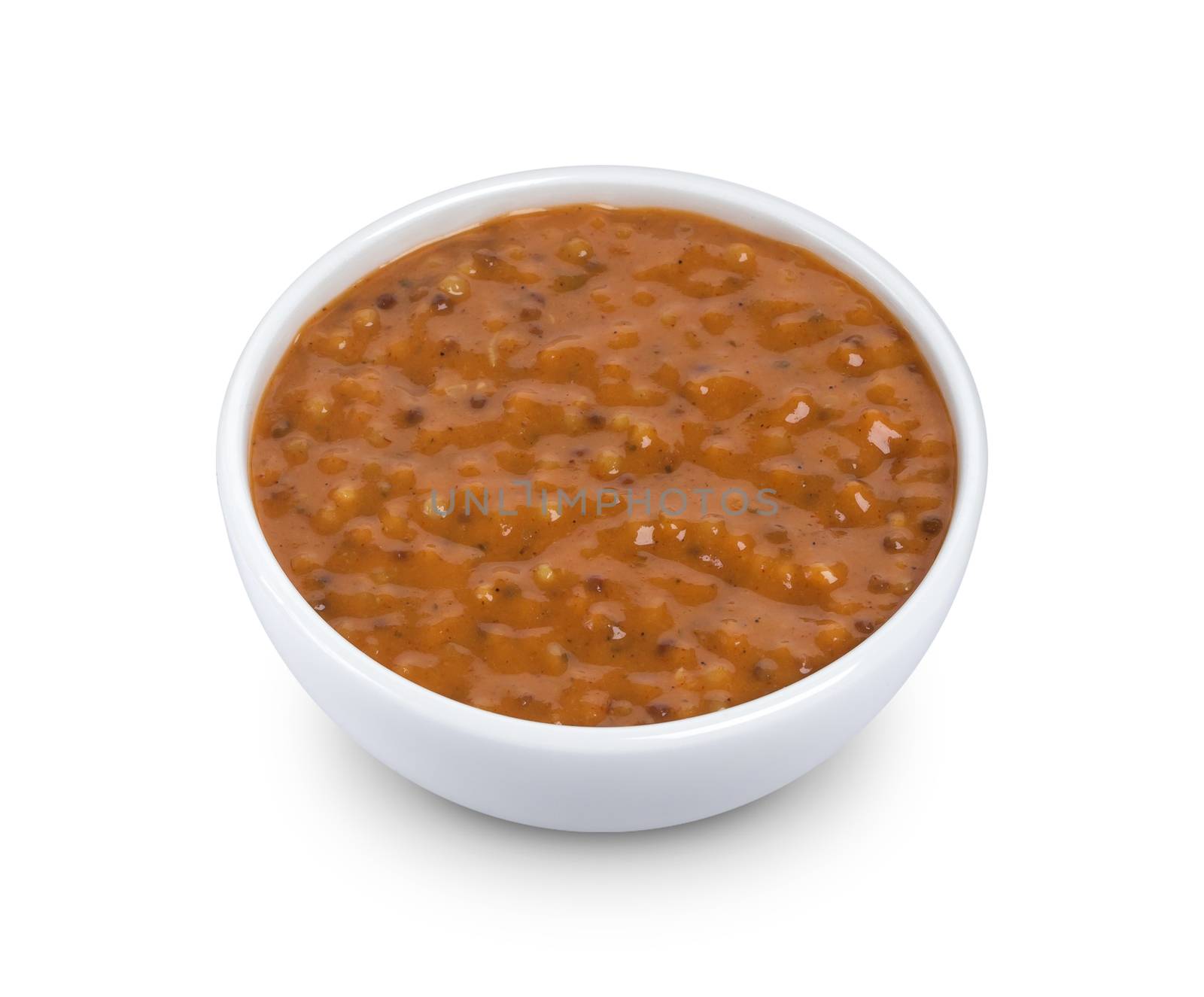 Sweet Bavarian mustard in bowl isolated on white background with clipping path