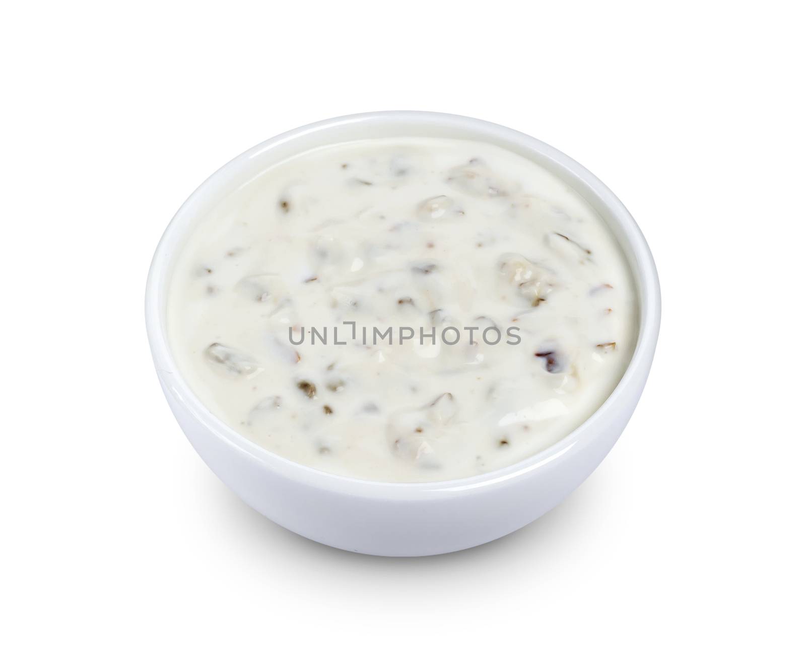 Sour cream with mushrooms. Mushroom sauce in bowl isolated on white background with clipping path