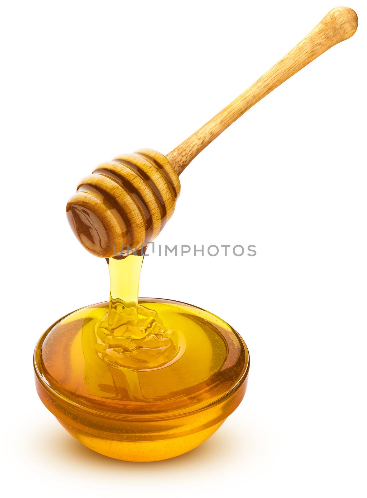 Honey dipper and bowl of pouring honey isolated on white background by xamtiw