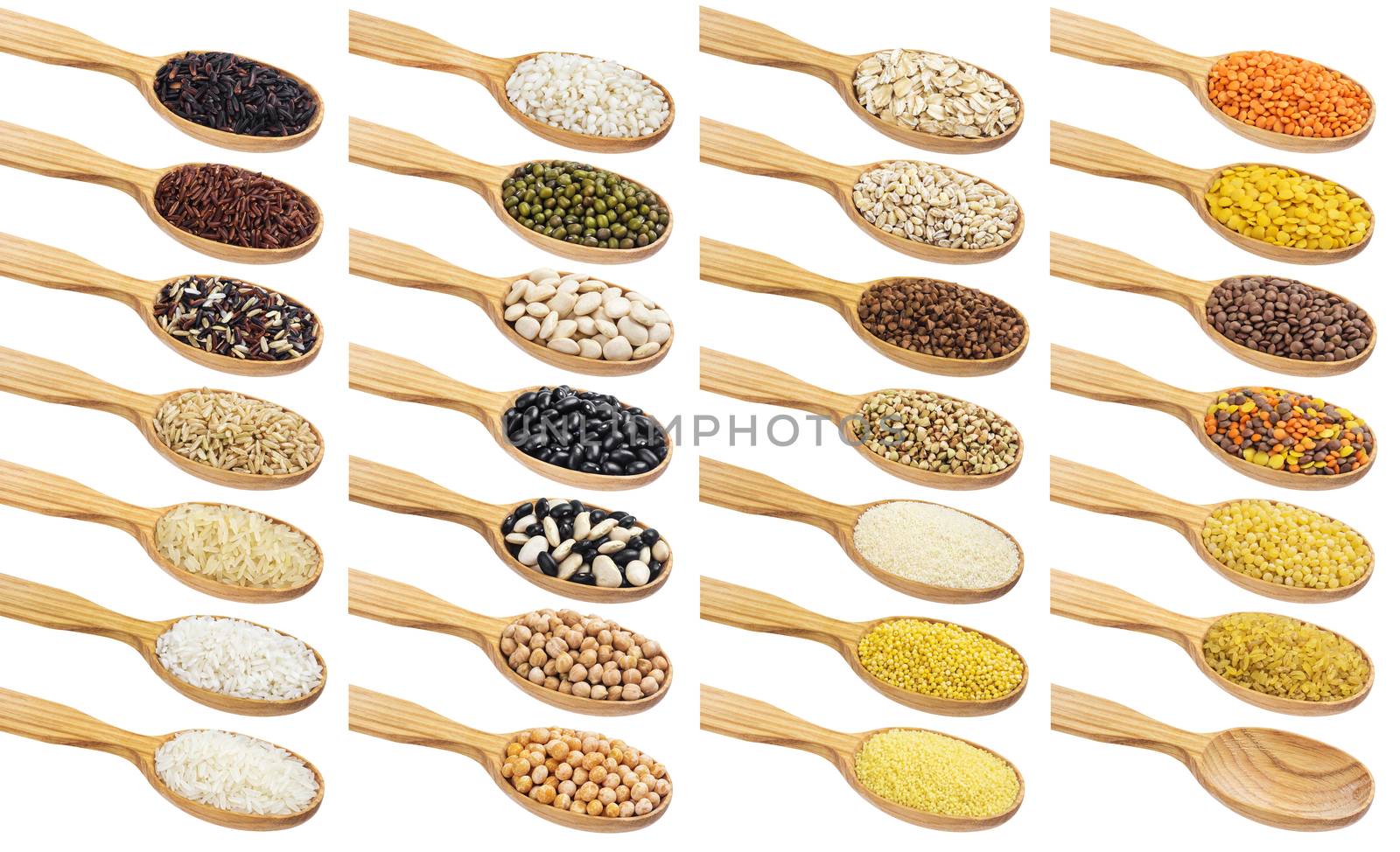 Collection of different groats in wooden spoons isolated on white background.