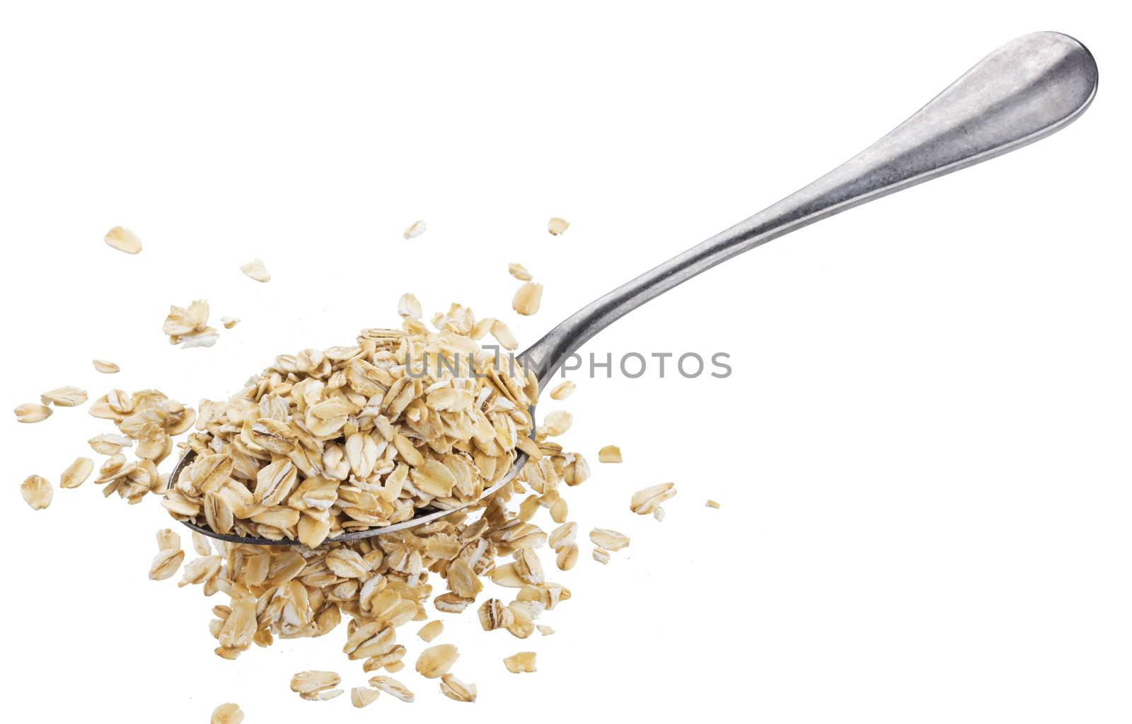 Oat flakes in spoon isolated on white background by xamtiw
