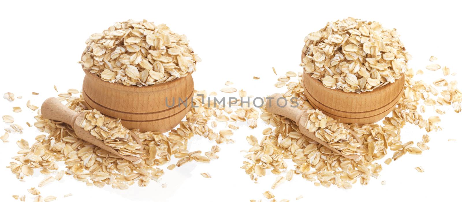 Oat flakes in wooden bowl isolated on white background by xamtiw