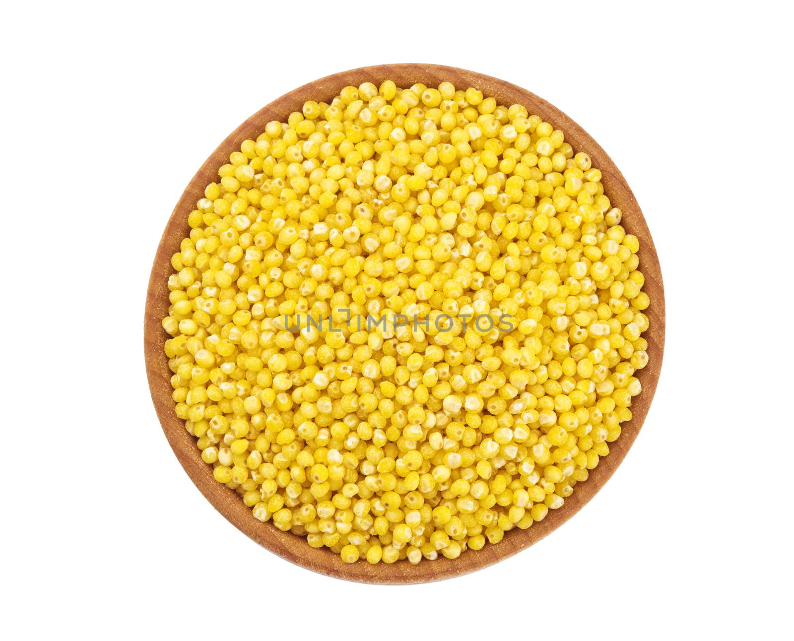 Millet in wooden bowl isolated on white background. Top view by xamtiw