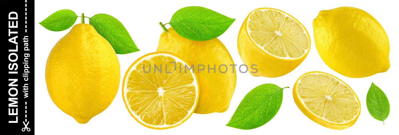 Lemon isolated on white background. One whole lemon and half isolated on white background with clipping path