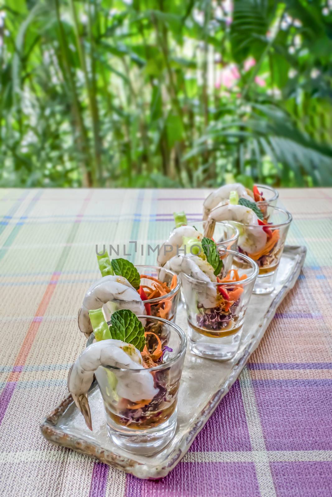 raw prawns in spicy fish sauce , Thai style food