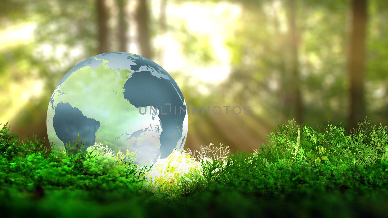 Globe on vegetation in forest. Ecological concept. 3D rendering. by ytjo