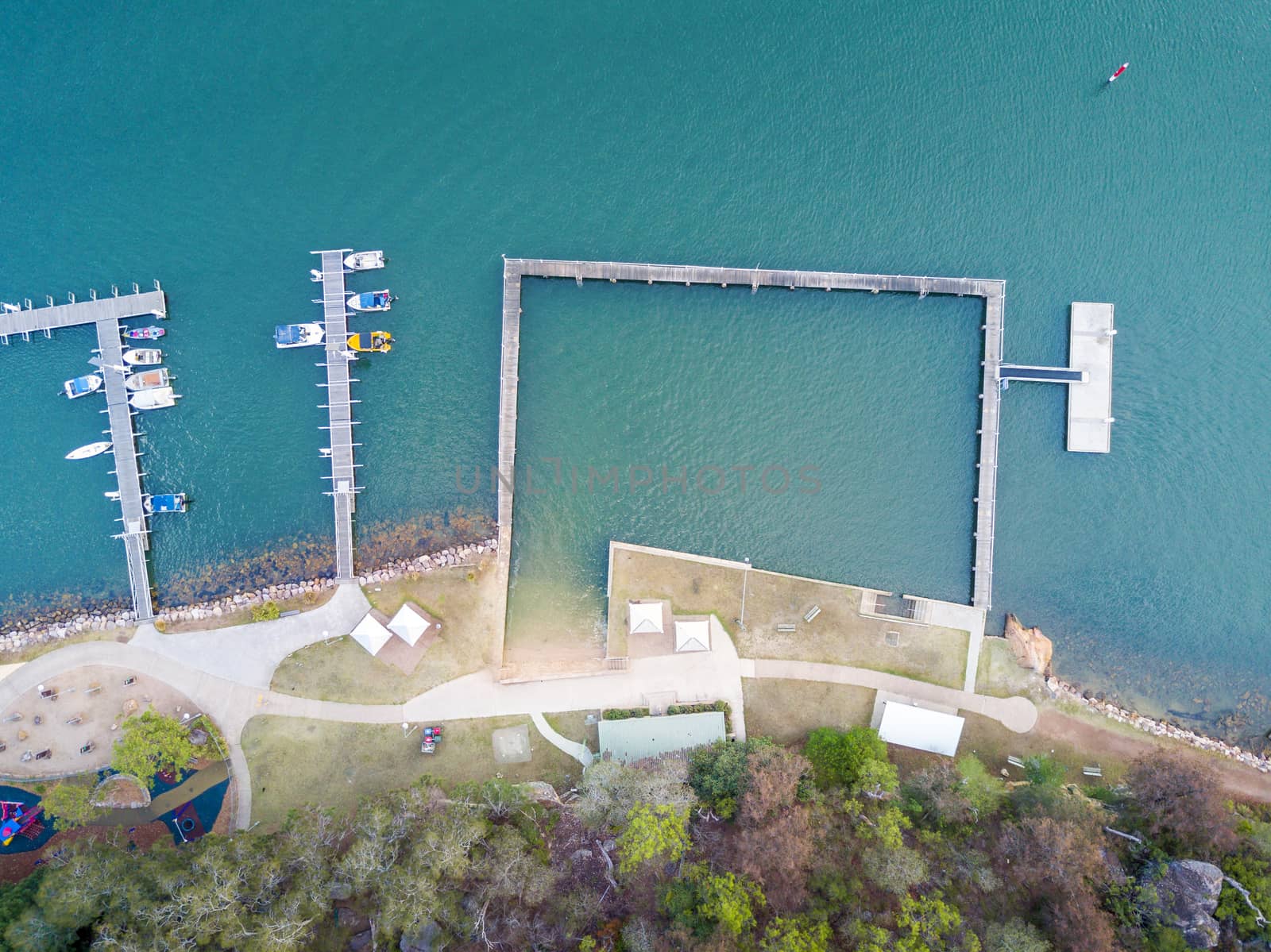 Aerial view of Brooklyn Baths and boat jetties, which lies on the  lower estuarine reaches of the Hawkesbury-Nepean River