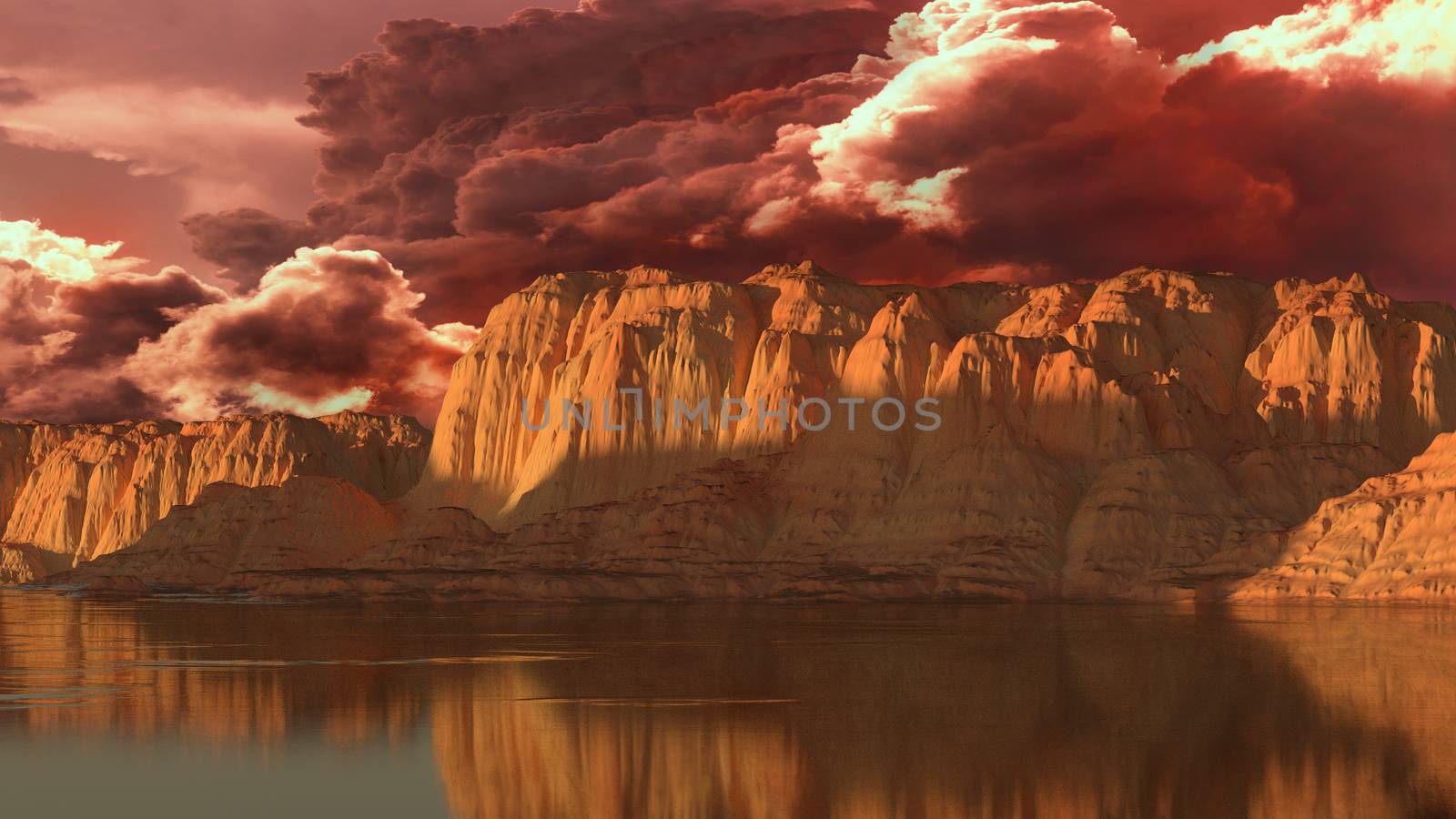 Unreal landscape of rocks, lake and clouds. 3D rendering. by ytjo