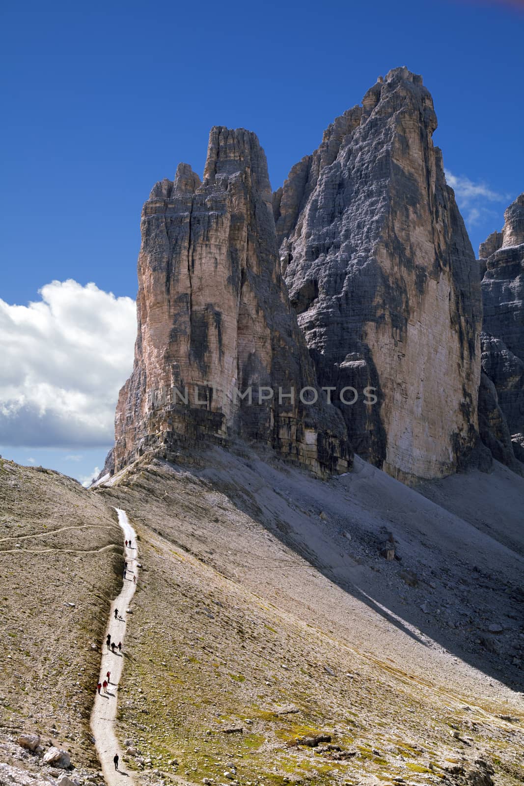 The Tre Cime di Lavaredo, three peaks in the Sexten Dolomites of Northern Italy