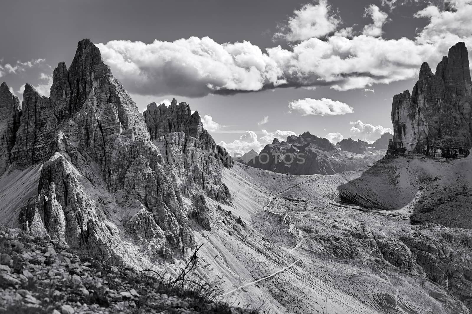 Valley in Dolomite Alps, black and white landscape