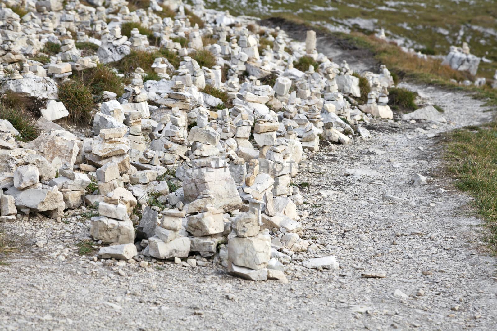 Numerous manmade stone pyramides in Dolomite Alps