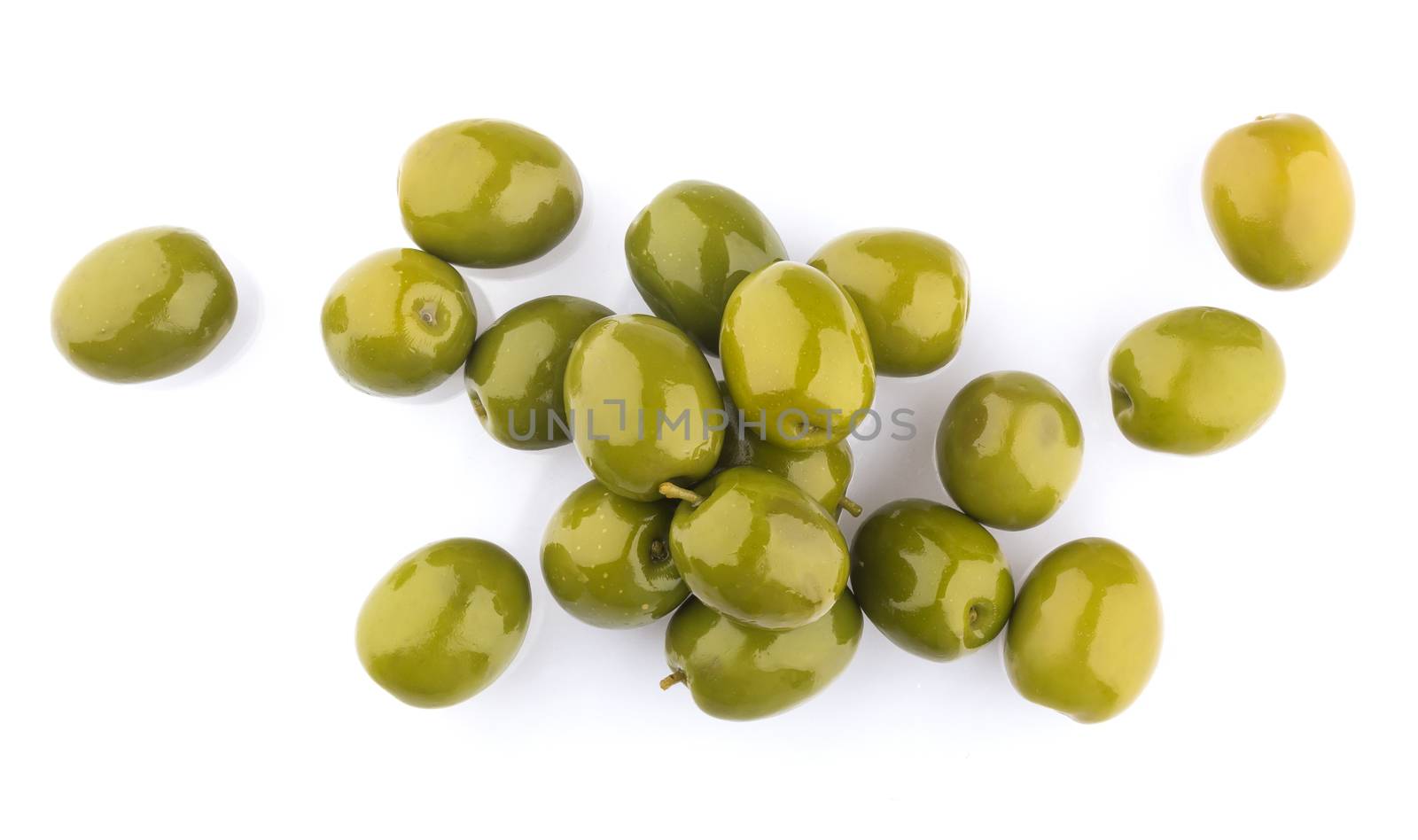 Heap of green olives isolated on white background. Top view by xamtiw