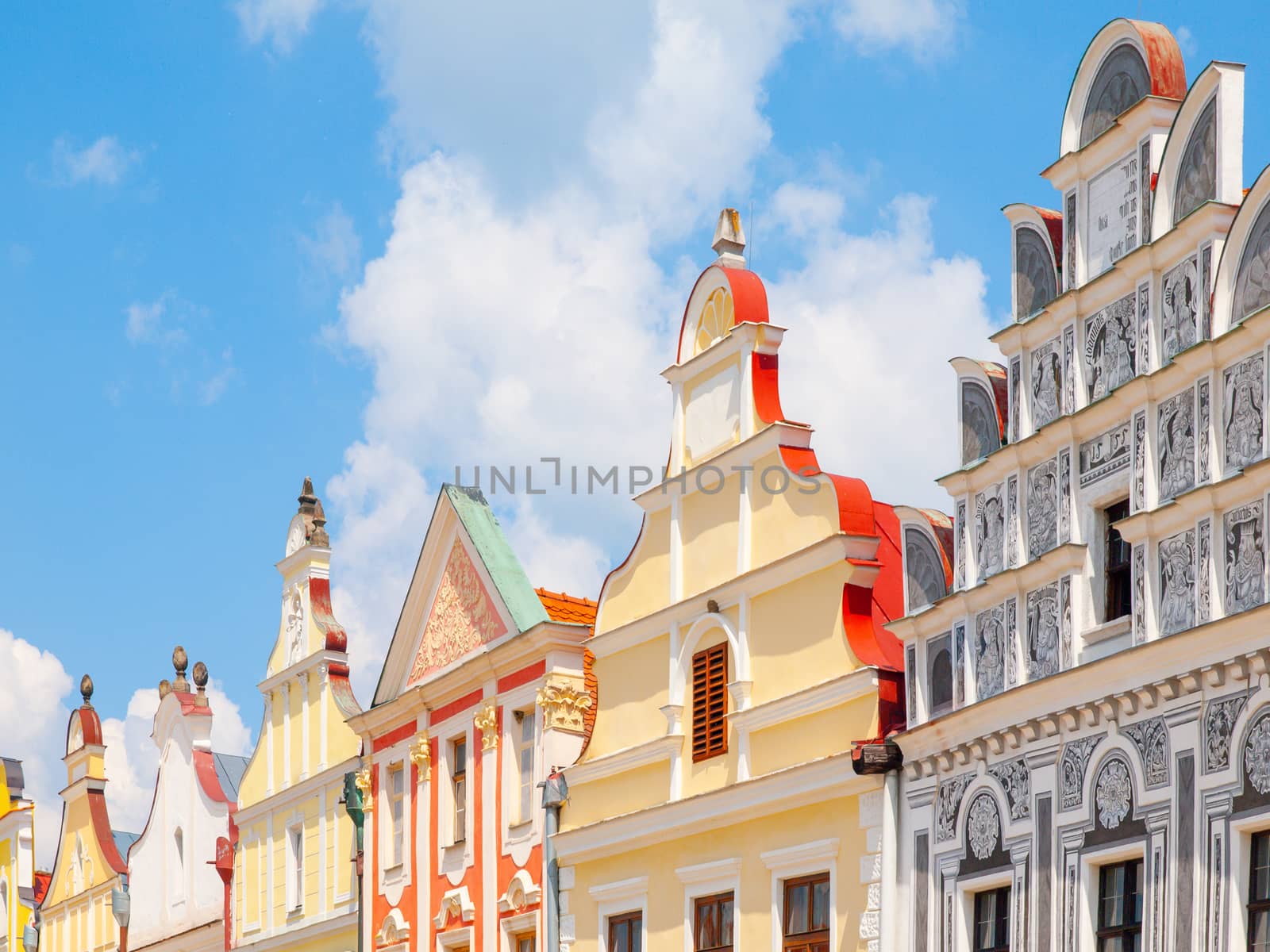 Colorful gables of renaissance houses in Telc, Czech Republic.